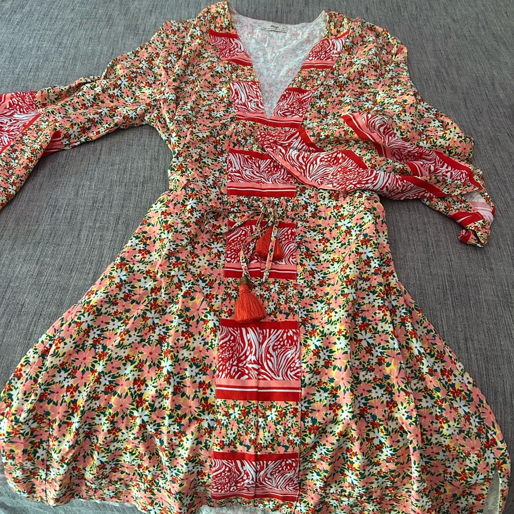 Maaji Red and Tan V-Neck Bell Sleeve Sundress